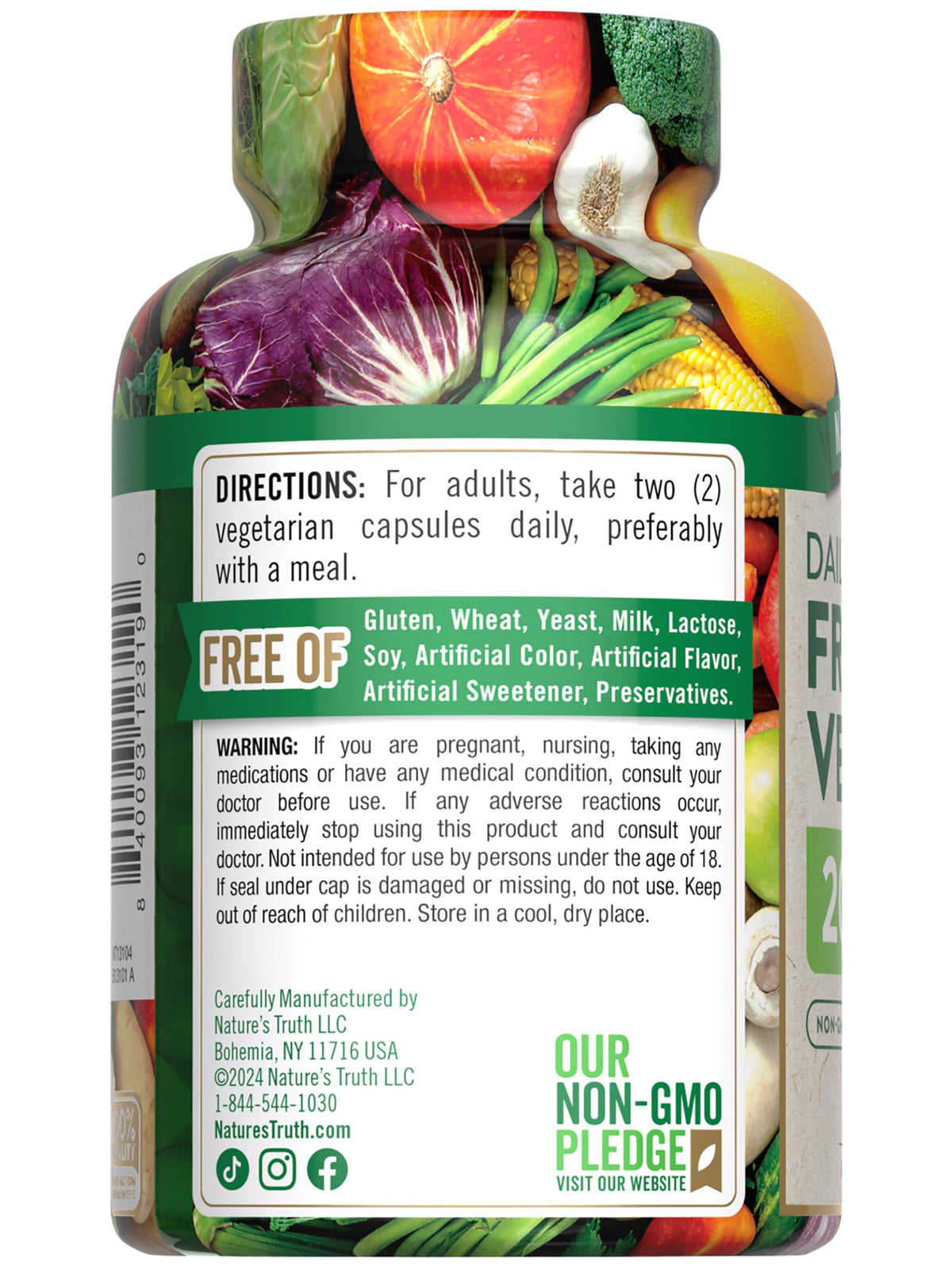 Nature's Truth Fruits et Légumes paquet et capsules sur une table