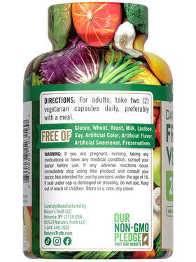 Nature's Truth Fruits et Légumes paquet et capsules sur une table
