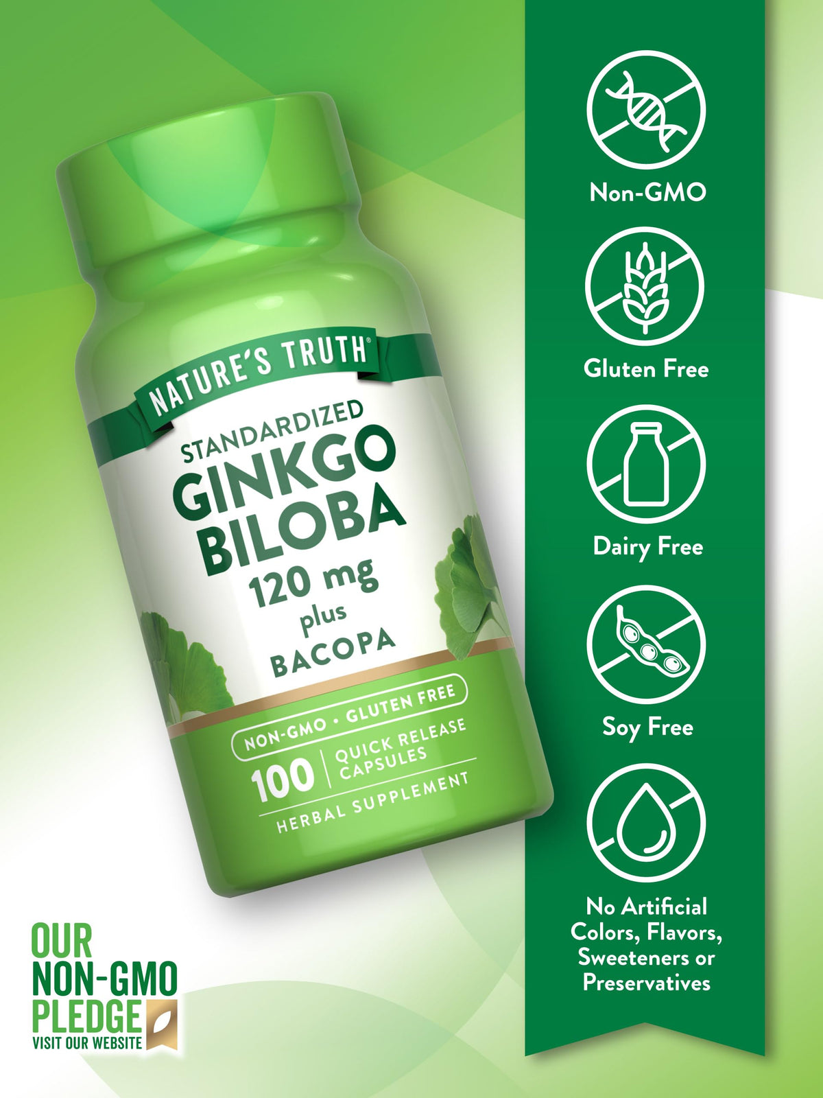 Nature's Truth Ginkgo Biloba 120mg gélules sur fond blanc