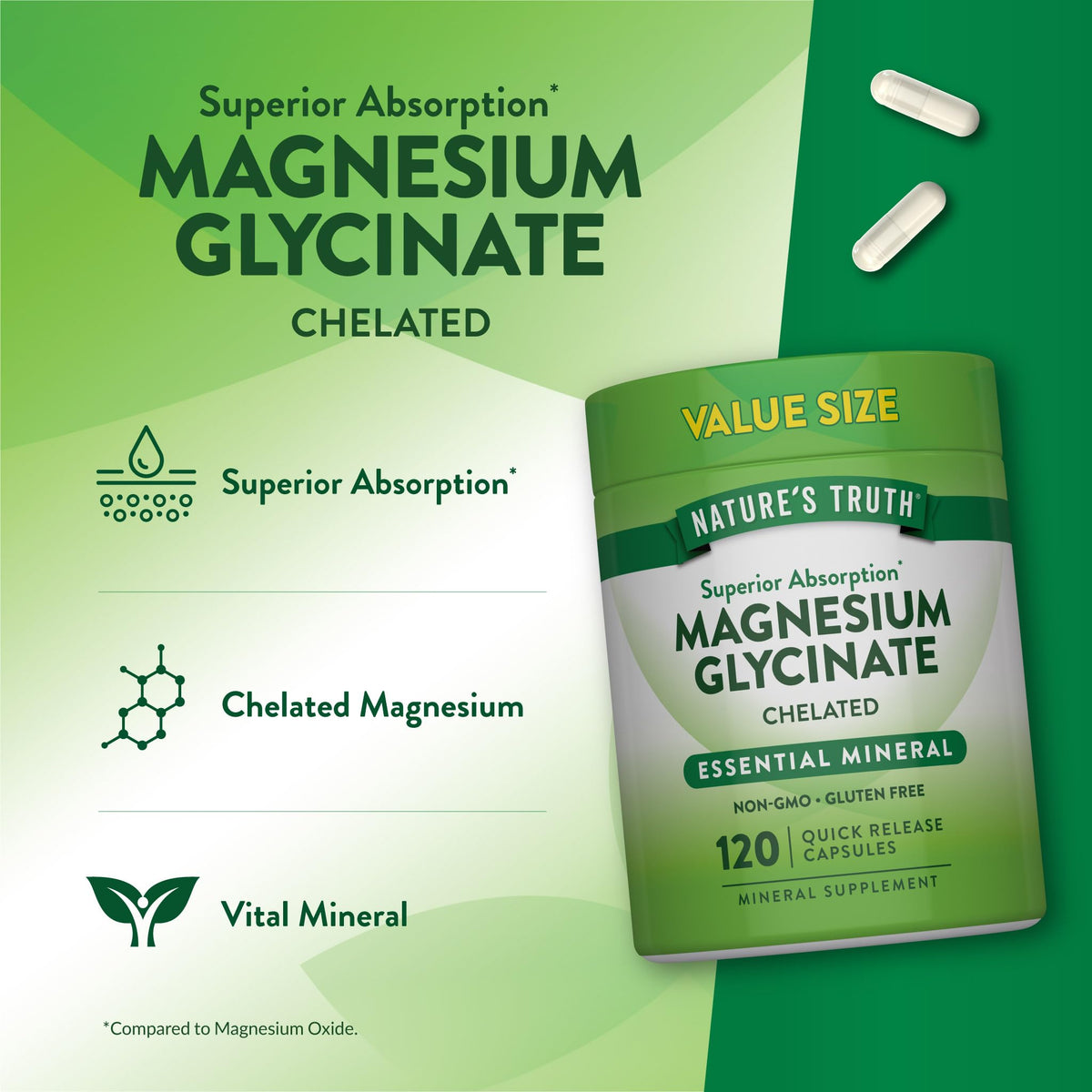 Nature's Truth Glycinate de Magnésium 200 mg 120 Capsules - capsules individuelles