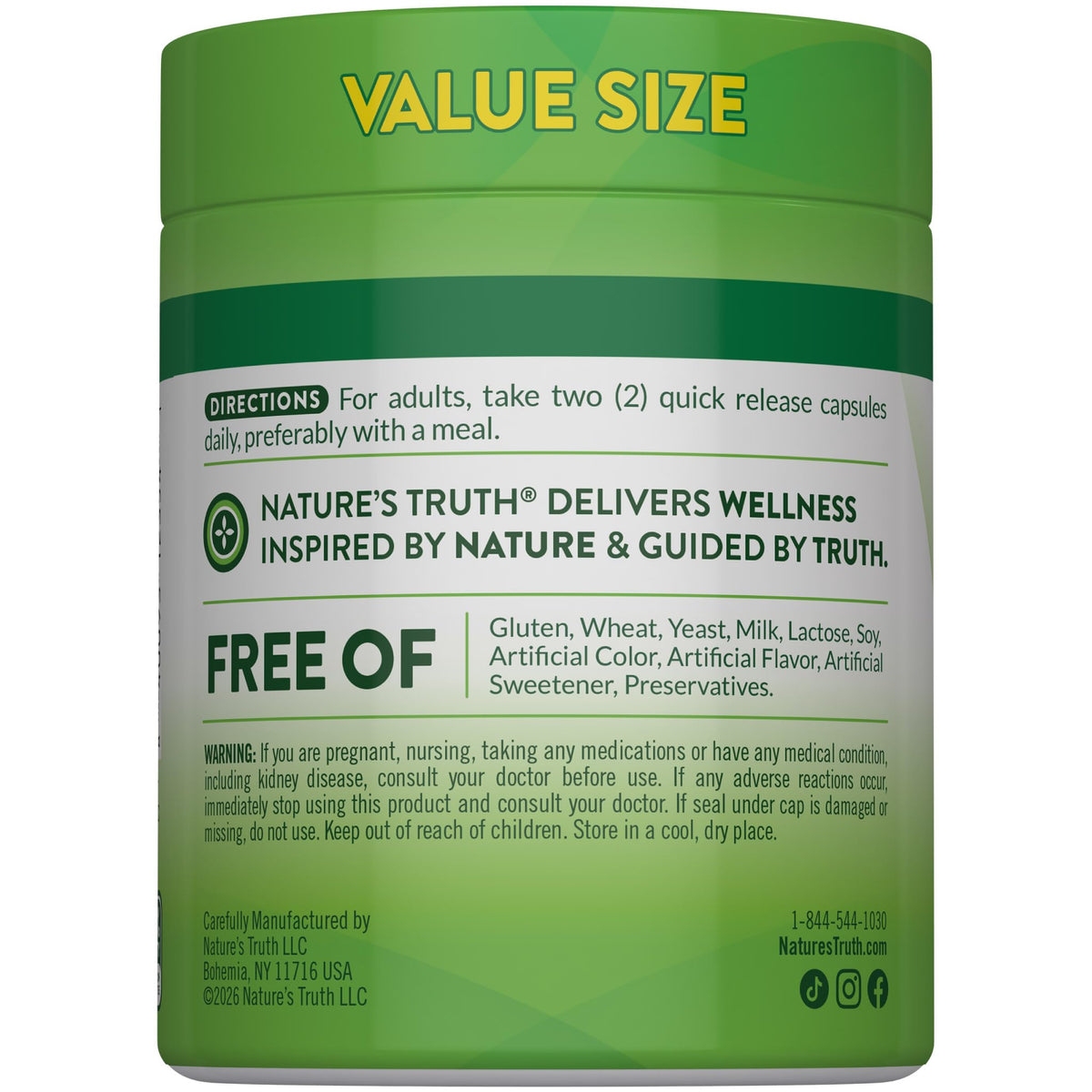 Nature's Truth Glycinate de Magnésium 200 mg 120 Capsules - emballage avec dimensions