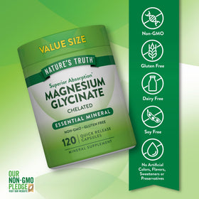 Nature's Truth Glycinate de Magnésium 200 mg 120 Capsules - étiquette avec ingrédients