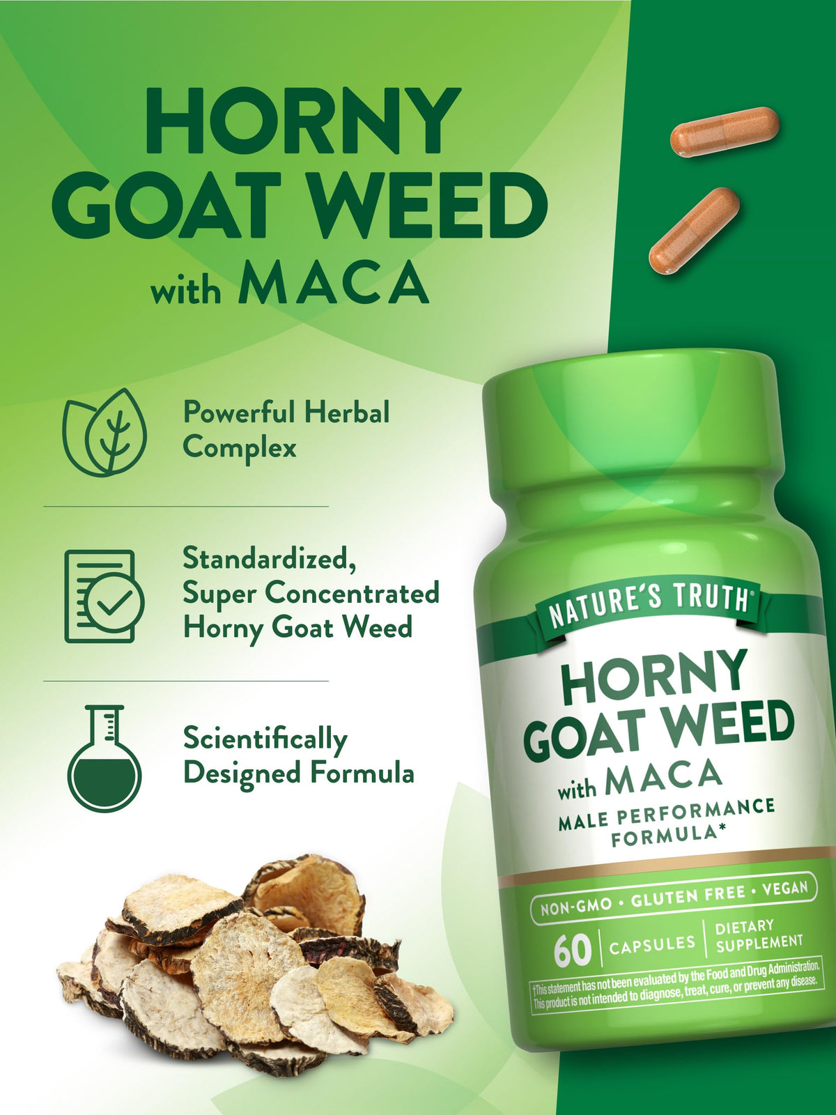 Nature's Truth Horny Goat Weed 60 capsules sur une table en bois
