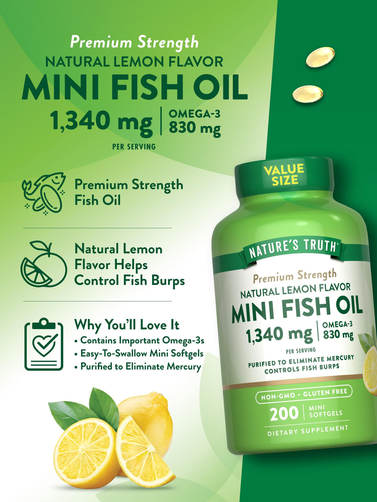 Nature's Truth Huile de Poisson Omega 3 1340 mg vue arrière avec informations