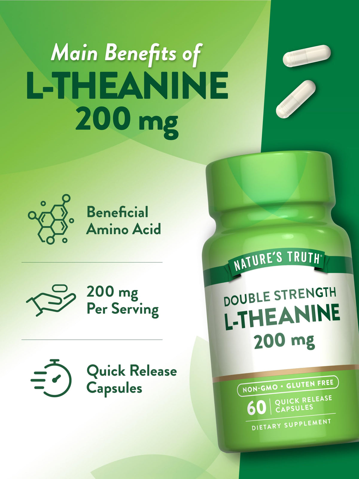 Nature's Truth L-Theanine 200mg à côté d'un verre d'eau