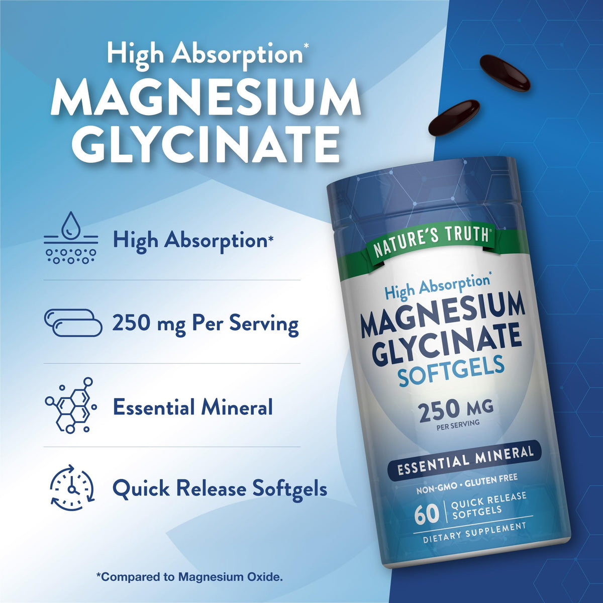 Nature's Truth Magnésium Glycinate 250mg, dimensions du flacon
