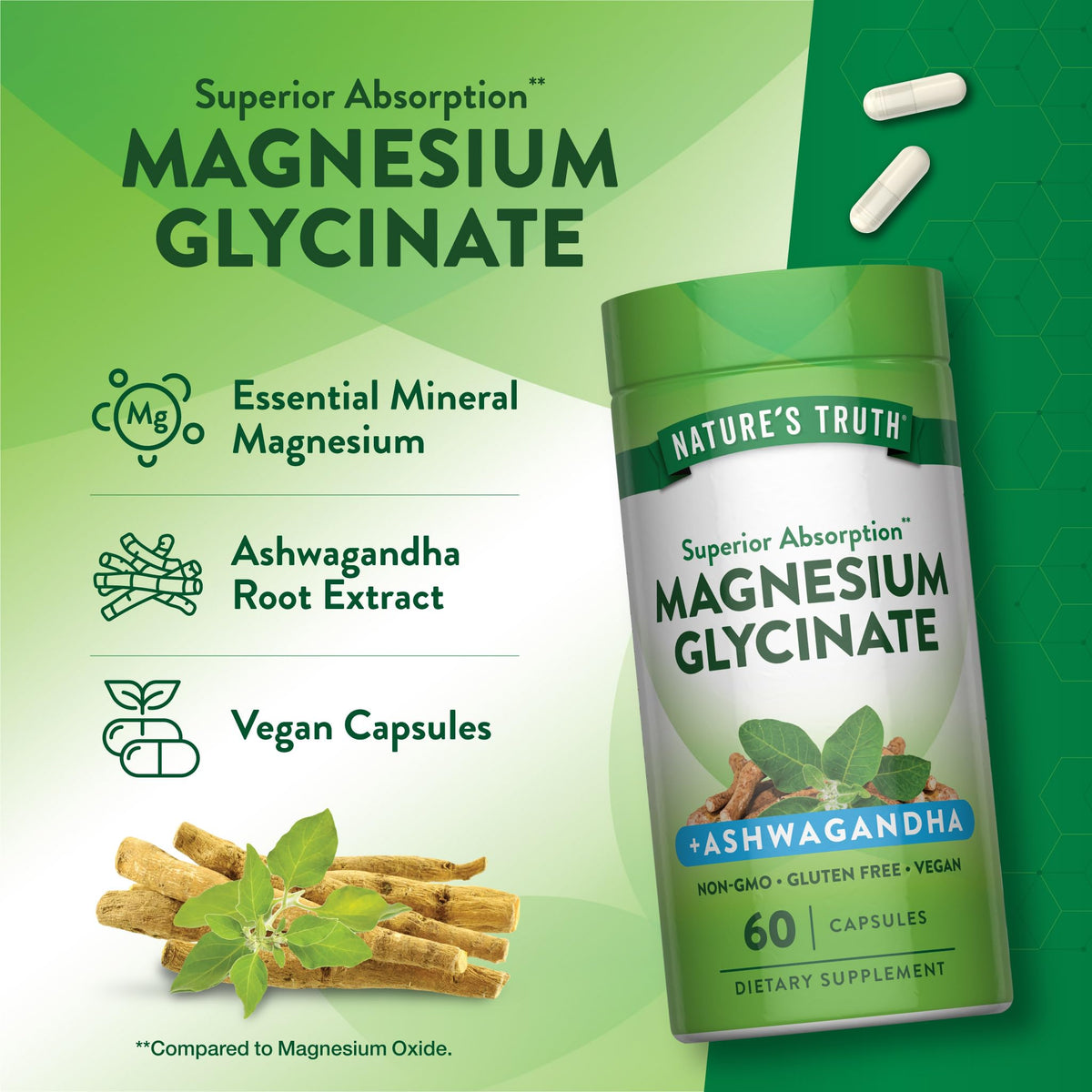 Nature's Truth Magnésium Glycinate avec Ashwagandha sur fond blanc