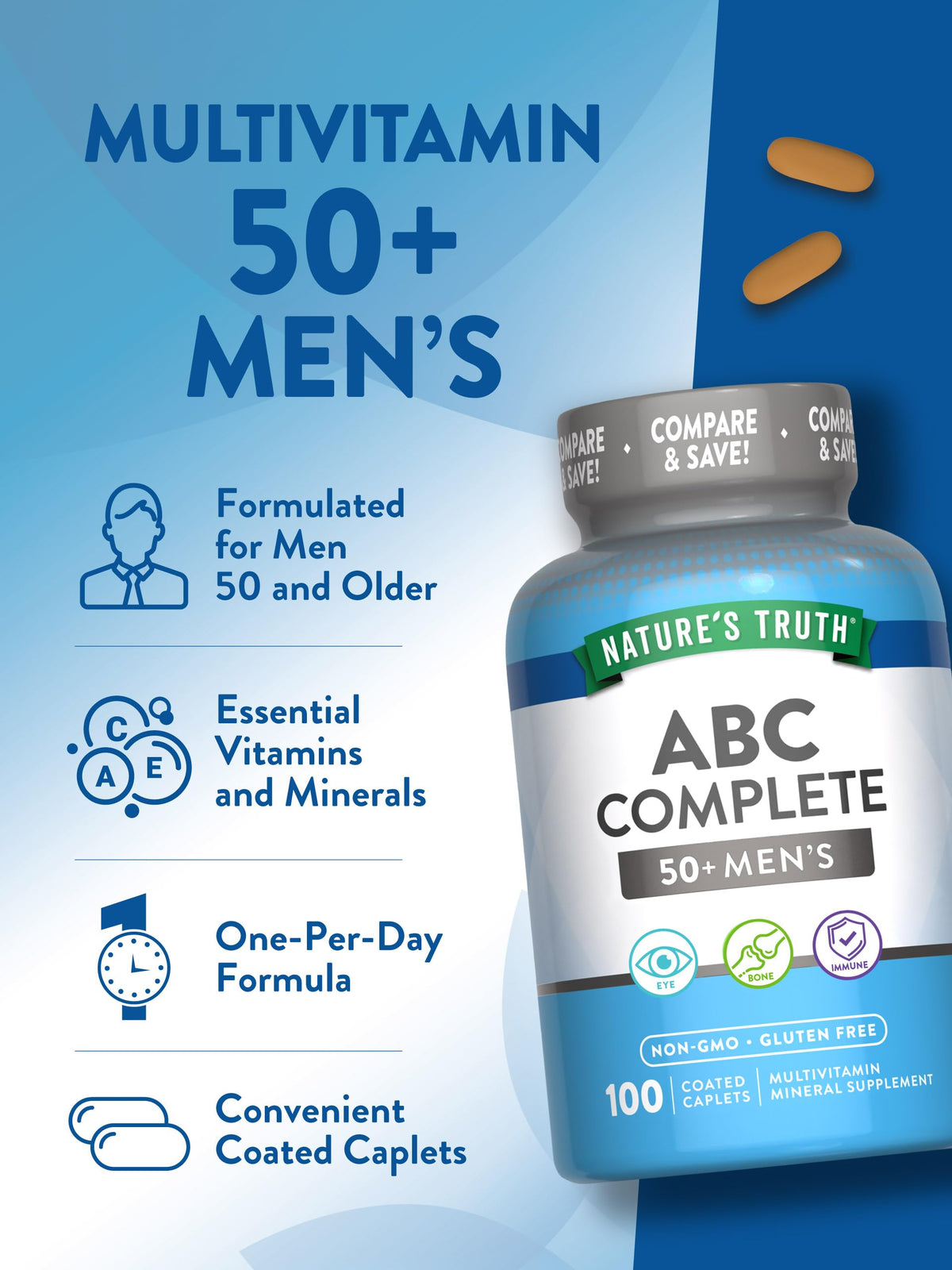 Nature's Truth Multivitamine pour Hommes 50+, ingrédients sur l'emballage