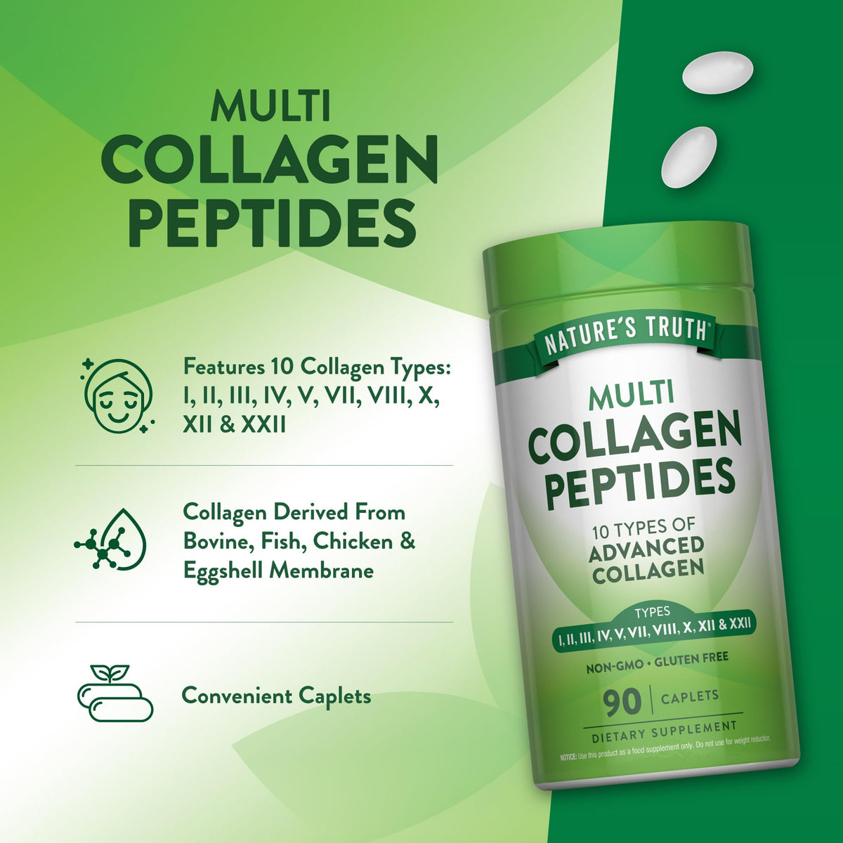 Nature's Truth Peptides de Collagène gélules 118g avec un verre et un fruit