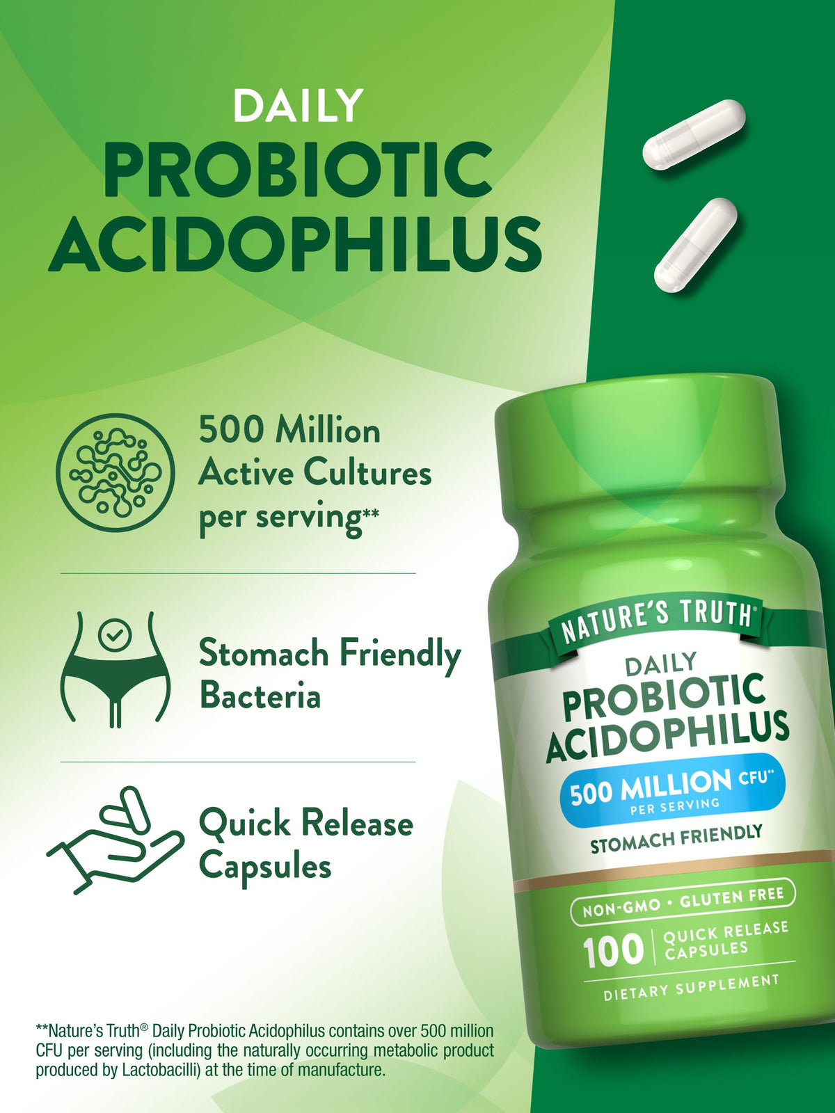 Nature's Truth Probiotiques 500 Millions CFU 60 Capsules, sur une table avec d'autres suppléments