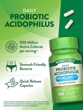 Nature's Truth Probiotiques 500 Millions CFU 60 Capsules, sur une table avec d'autres suppléments