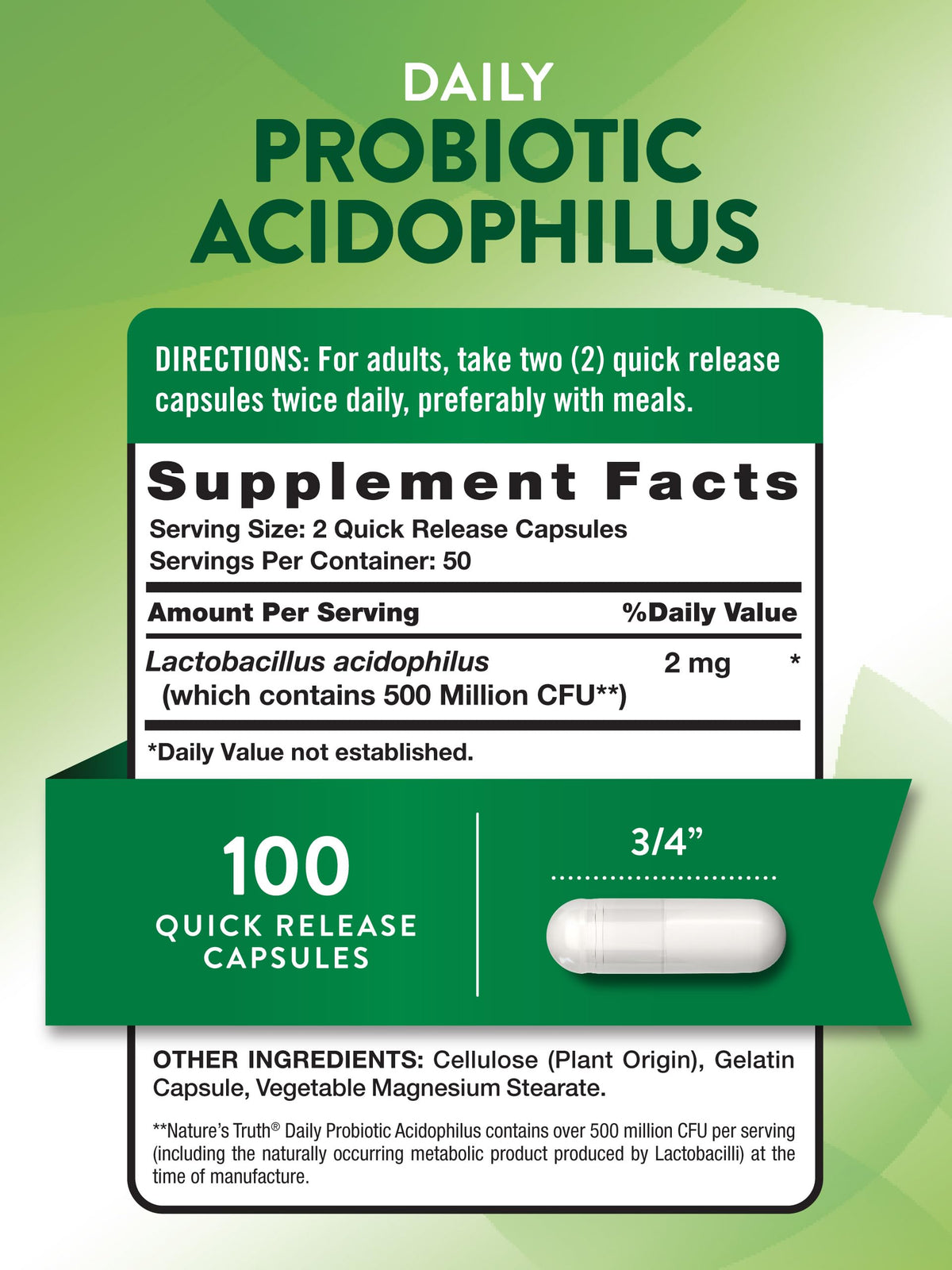 Nature's Truth Probiotiques 500 Millions CFU 60 Capsules, vue arrière avec informations nutritionnelles