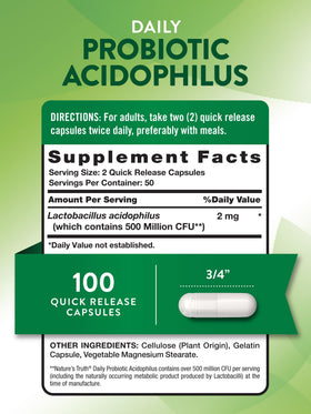 Nature's Truth Probiotiques 500 Millions CFU 60 Capsules, vue arrière avec informations nutritionnelles
