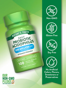 Nature's Truth Probiotiques 500 Millions CFU 60 Capsules, vue de côté montrant l'emballage