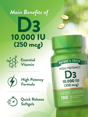 Nature's Truth Vitamine D3 10 000 UI gélules avec étiquette claire
