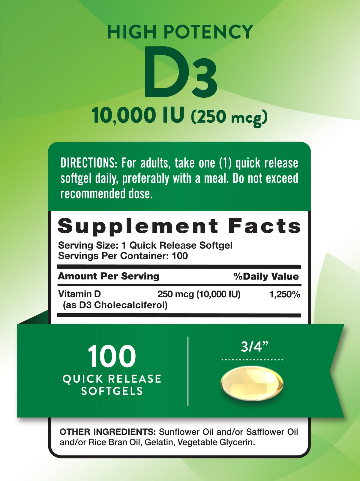 Nature's Truth Vitamine D3 10 000 UI gélules, vue arrière