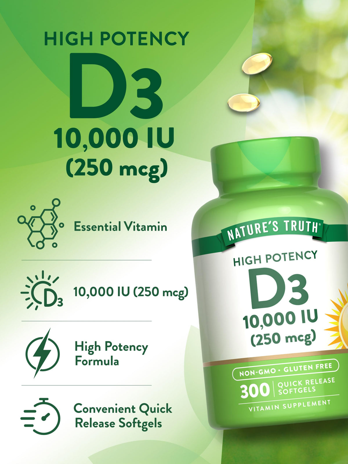 Nature's Truth Vitamine D3 10000 UI gélules molles ouvertes près d'un verre d'eau