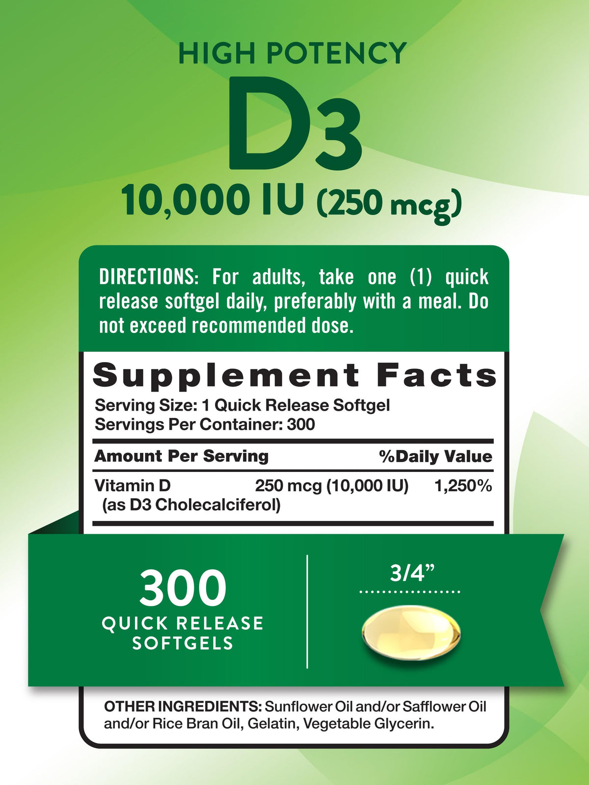 Nature's Truth Vitamine D3 10000 UI gélules molles vue de dos