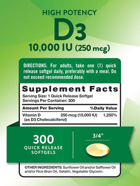 Nature's Truth Vitamine D3 10000 UI gélules molles vue de dos