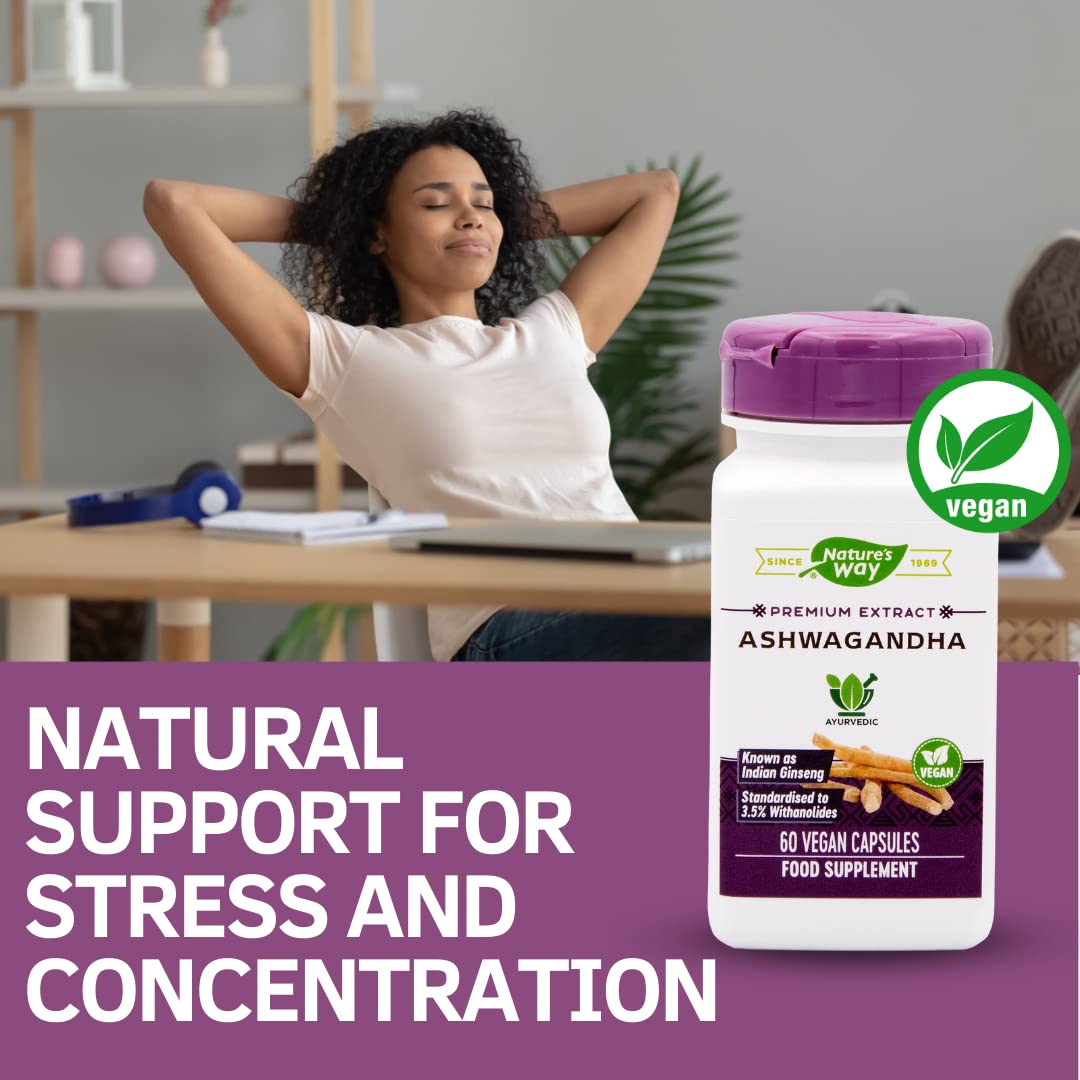 Nature's Way Ashwagandha 60 gélules sur fond blanc