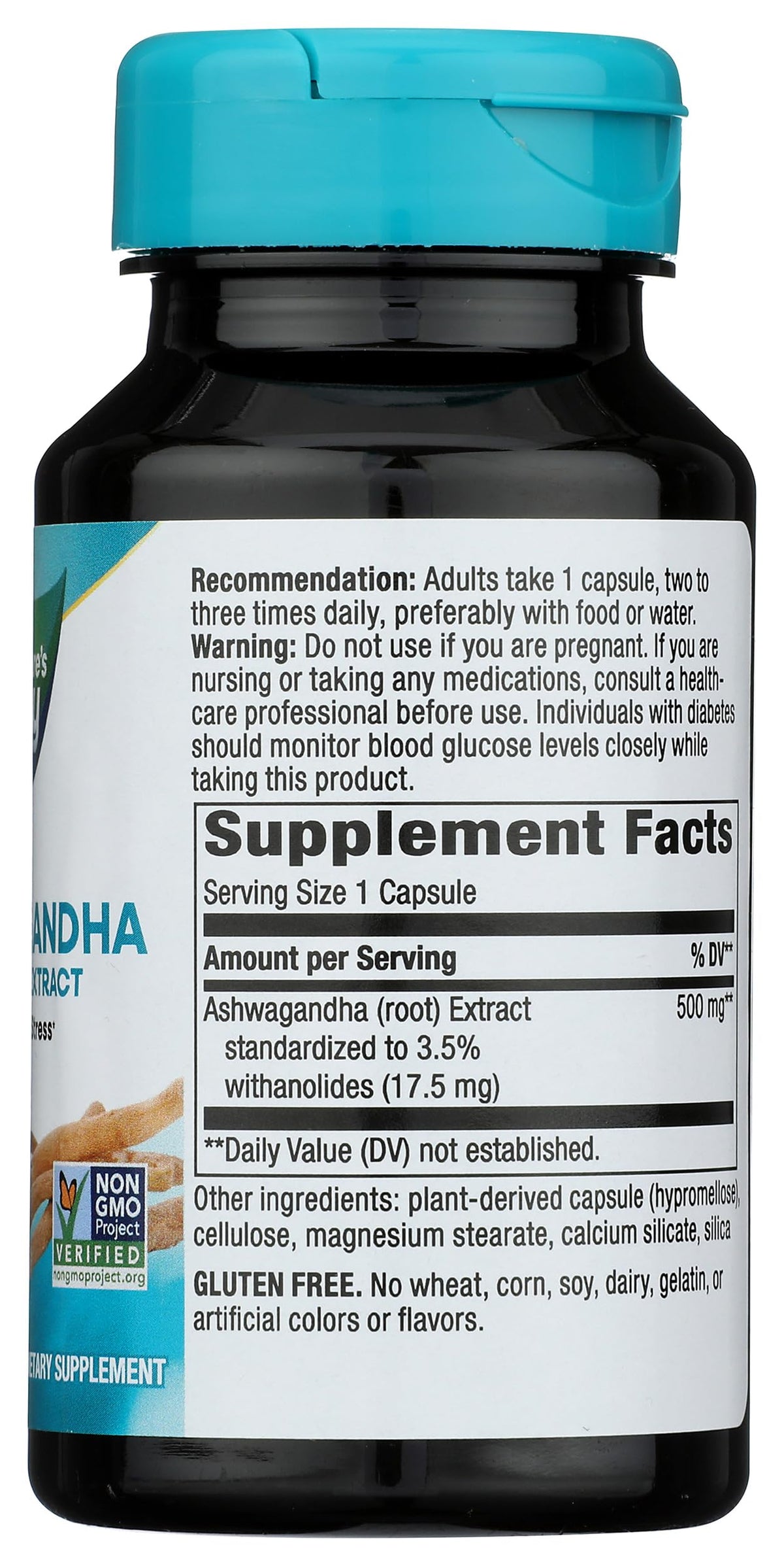 Nature's Way Ashwagandha arrière de l'emballage avec informations nutritionnelles
