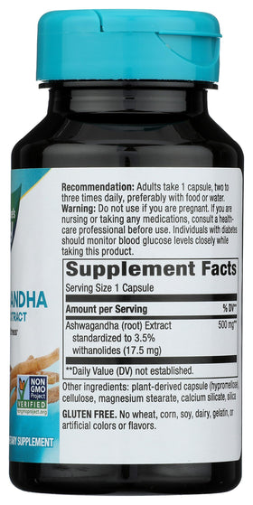 Nature's Way Ashwagandha arrière de l'emballage avec informations nutritionnelles