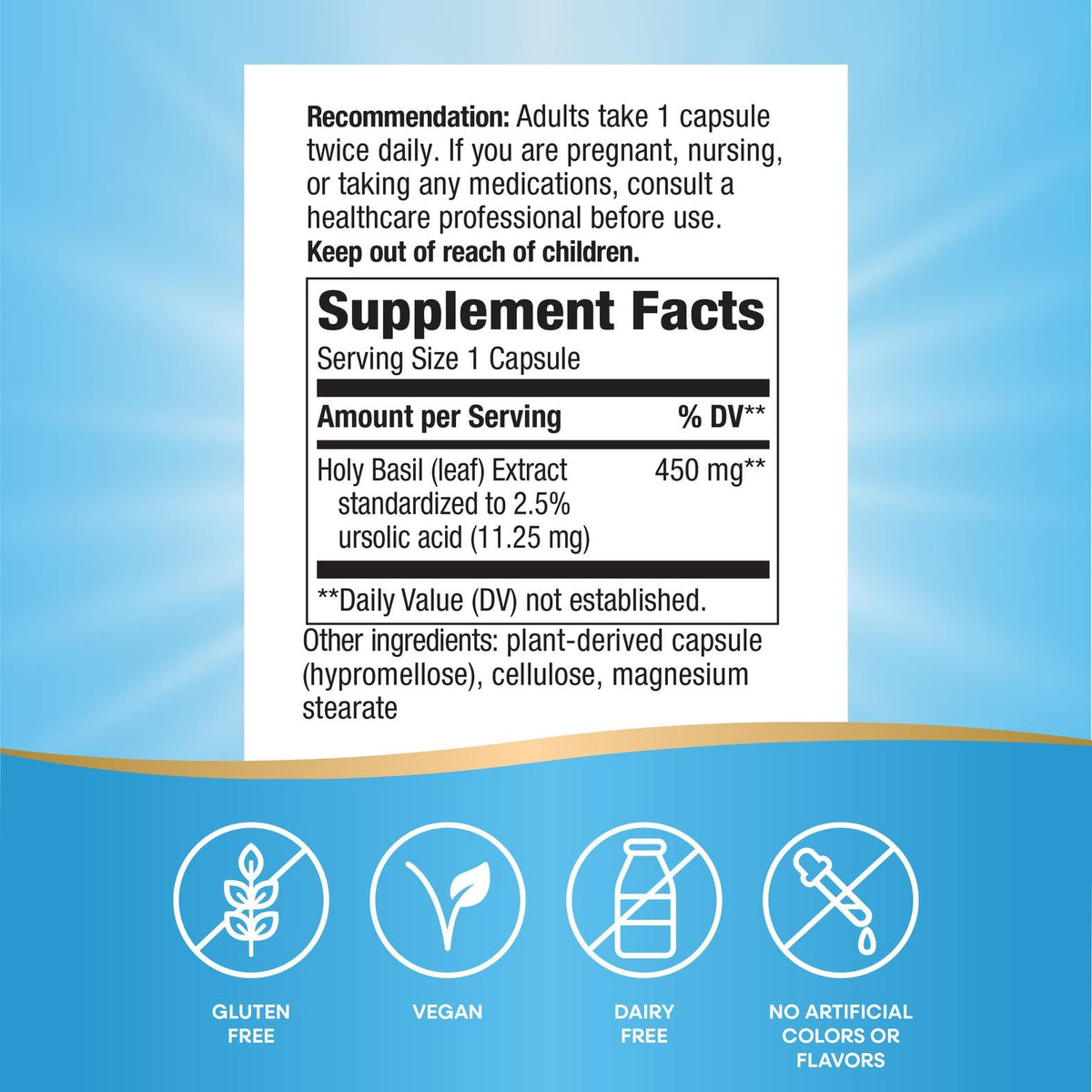 Nature's Way Basilic Sacré 450 mg sur table en bois