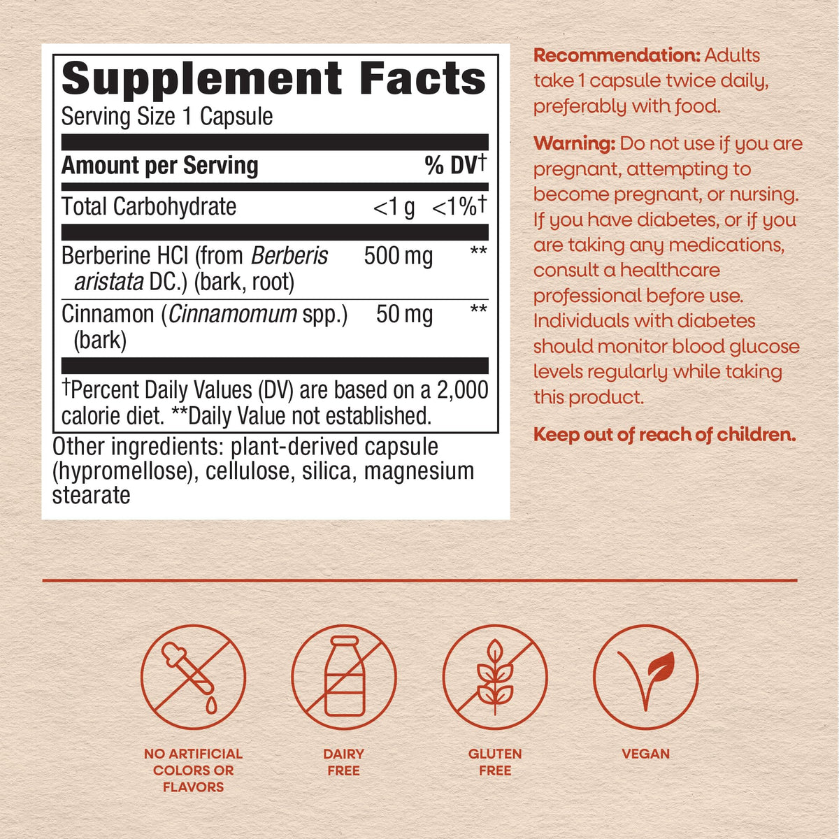 Nature's Way Berberine avec Cannelle 500 mg sur fond neutre