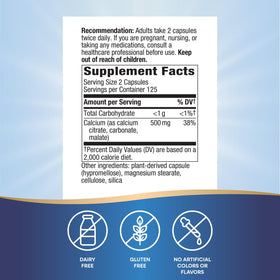 Nature's Way Calcium Citrate 500mg gélules, étiquette avec ingrédients