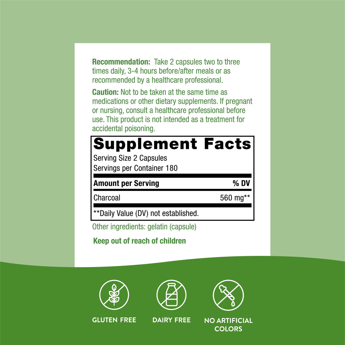 Nature's Way Charbon Actif 560mg capsules sur une table