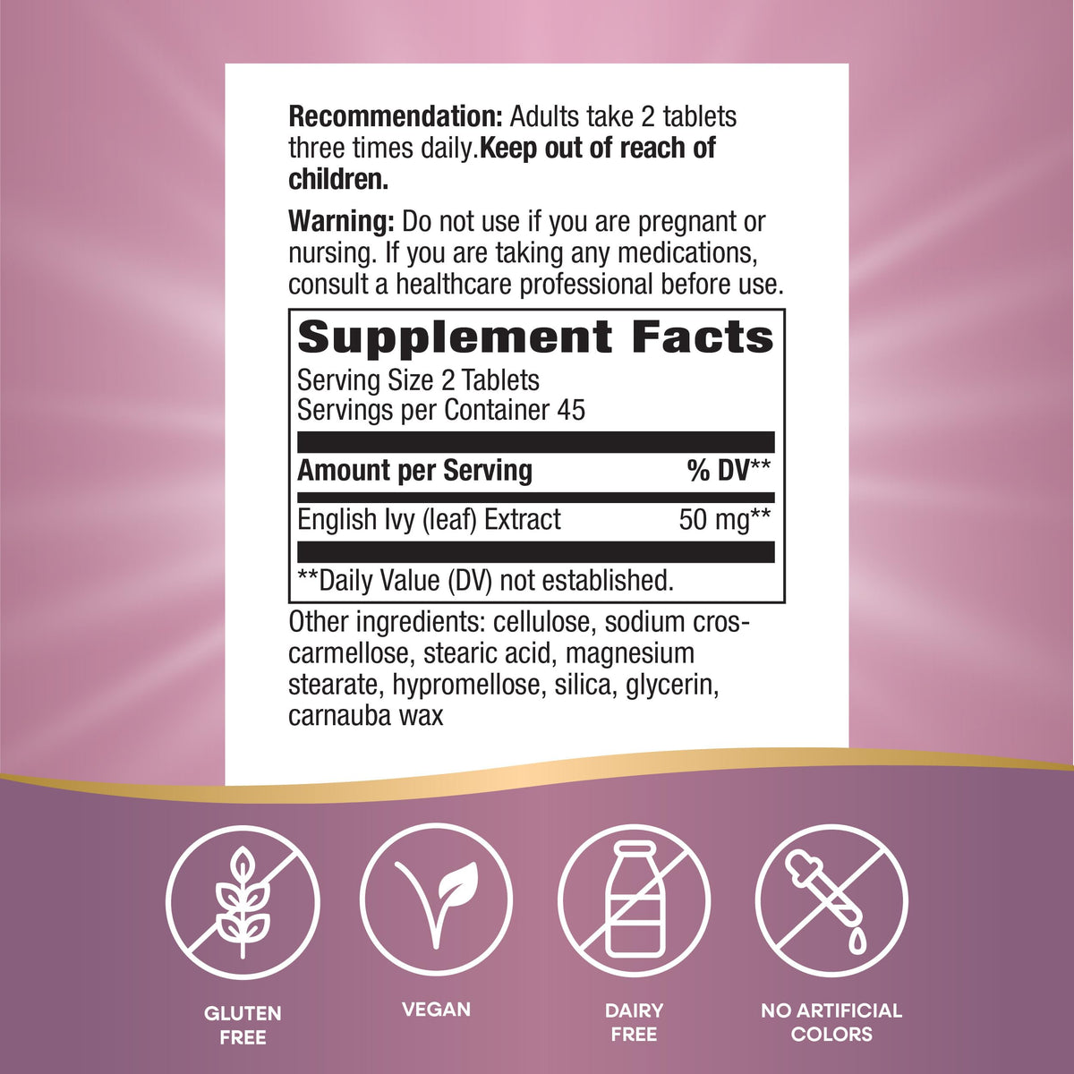 Nature's Way Extrait de lierre anglais 50 mg, prise de comprimés