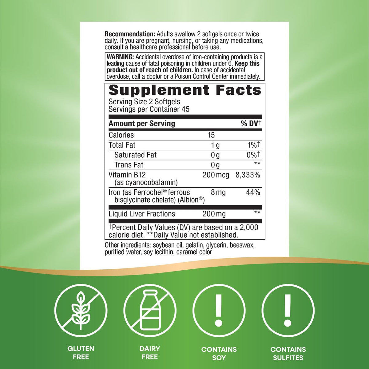Nature's Way Fer Énergisant 8 mg gélules molles avec informations nutritionnelles