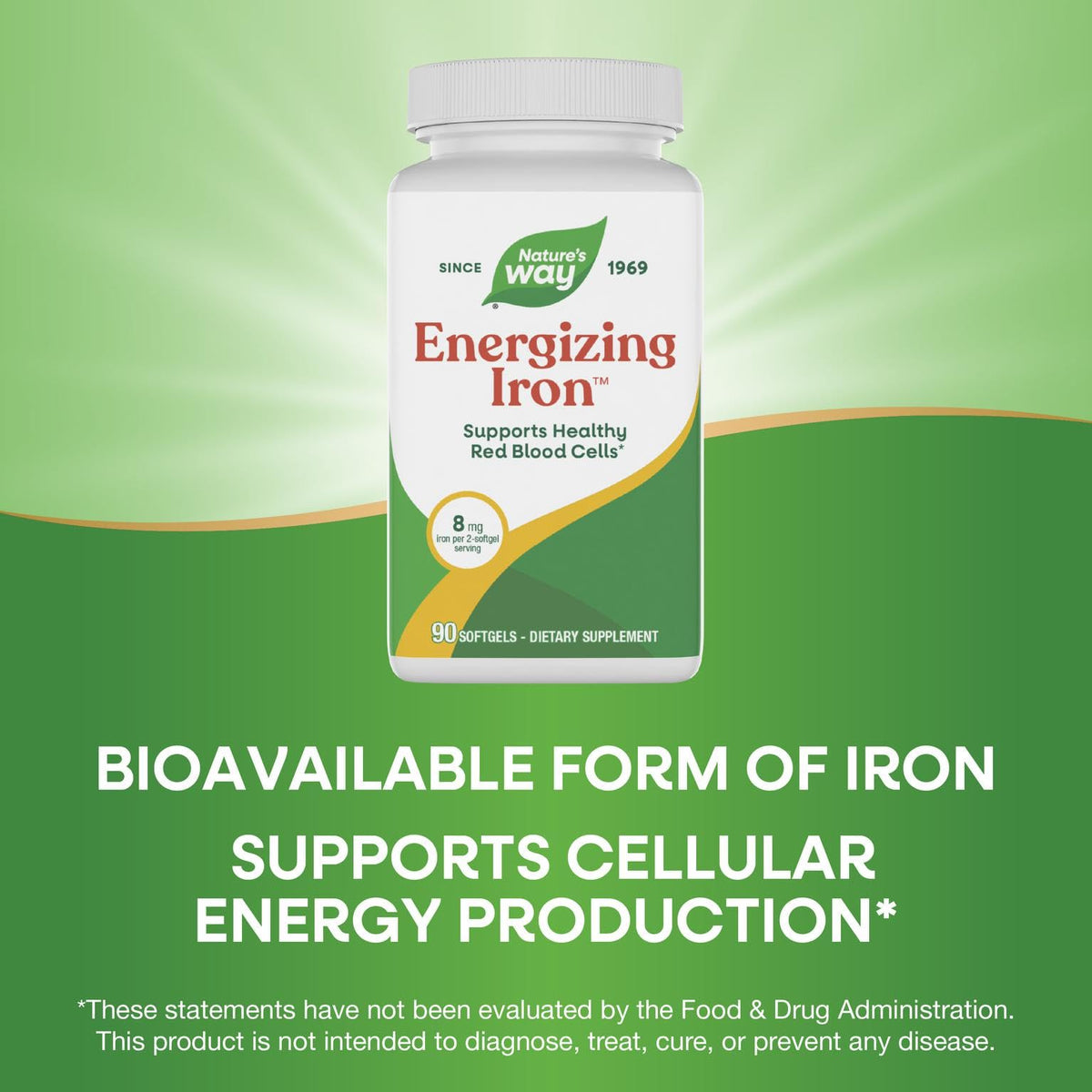 Nature's Way Fer Énergisant 8 mg gélules molles sur fond blanc