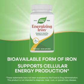 Nature's Way Fer Énergisant 8 mg gélules molles sur fond blanc