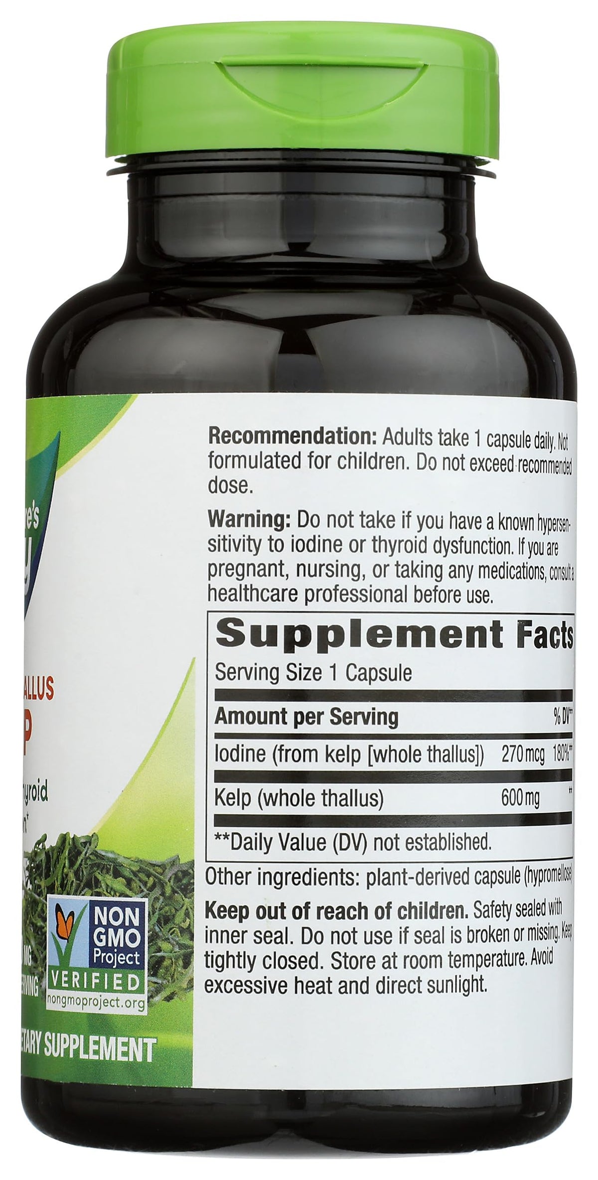 Nature's Way Kelp, flacon ouvert montrant les capsules