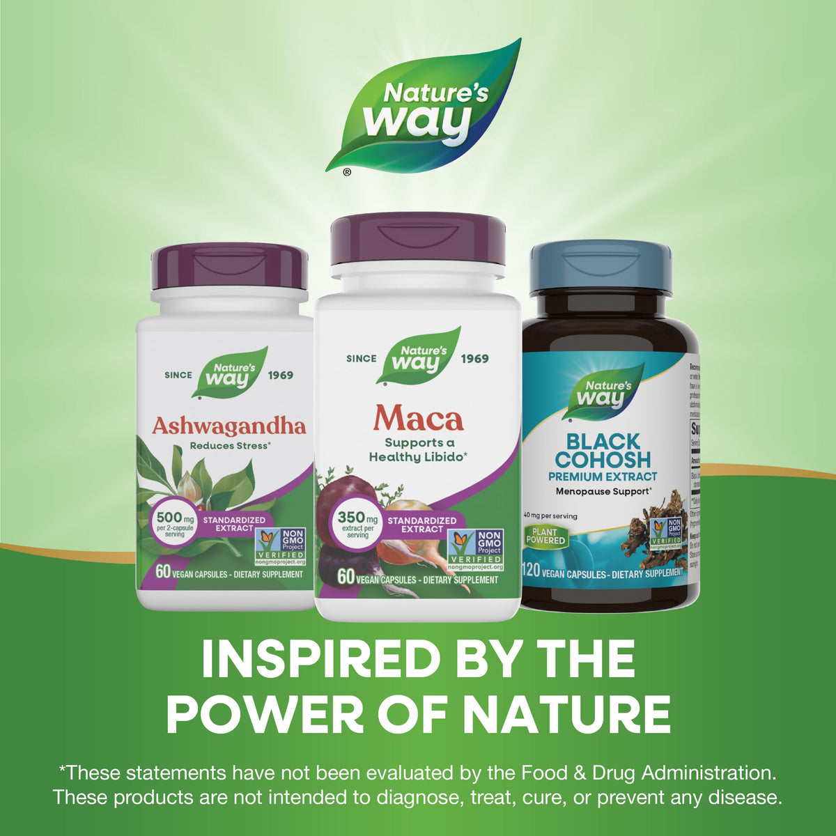 Nature's Way Maca Extrait Standardisé 350 mg - capsules sur une table en bois