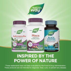 Nature's Way Maca Extrait Standardisé 350 mg - capsules sur une table en bois