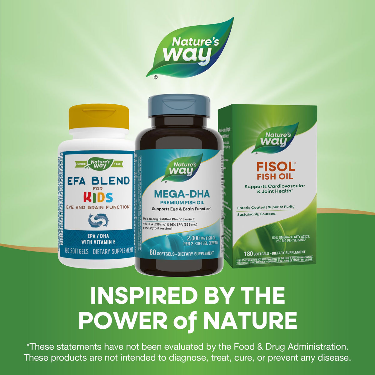 Nature's Way Mega-DHA ingrédients naturels sur fond blanc