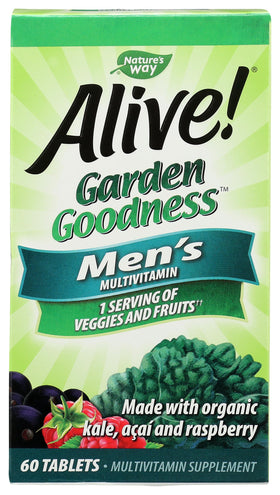 Nature's Way Multivitamines pour Hommes Garden Goodness avec des légumes en arrière-plan