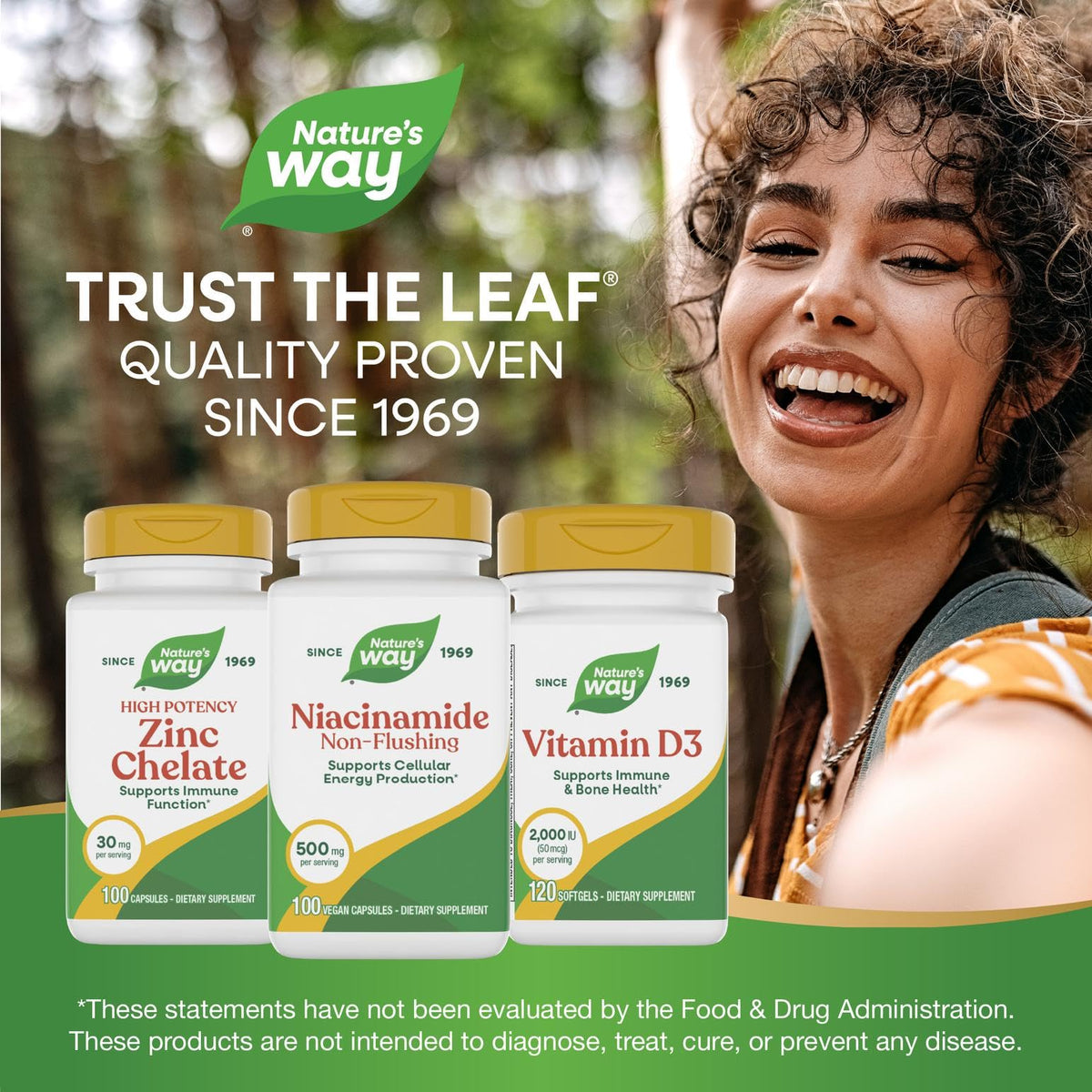 Nature's Way Niacinamide bottle with a green plant background