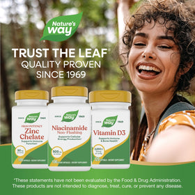 Nature's Way Niacinamide bottle with a green plant background