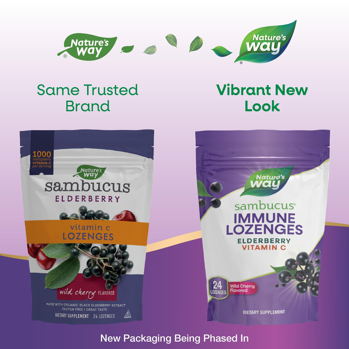 Nature's Way Sambucus Bonbons au Sureau 1000 mg Vitamine C avec des bonbons sur une table