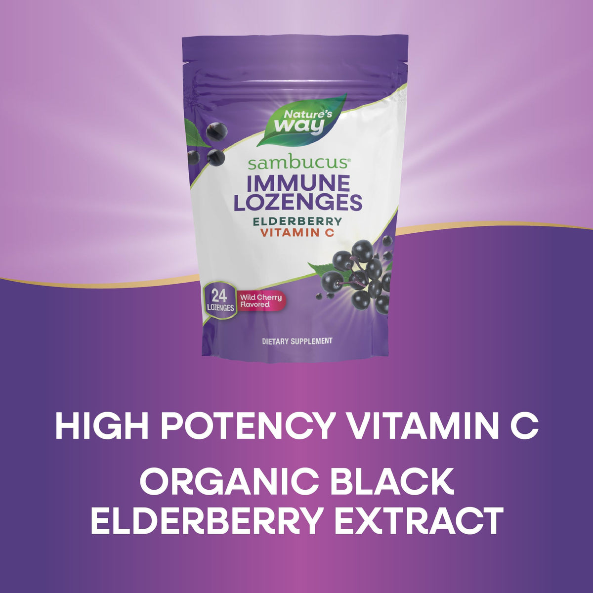 Nature's Way Sambucus Bonbons au Sureau 1000 mg Vitamine C avec un bonbon en gros plan