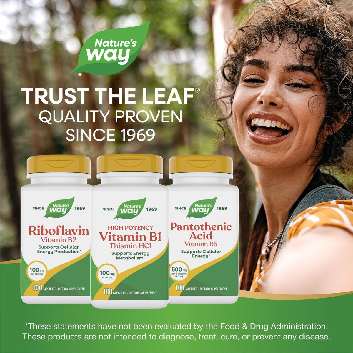 Nature's Way Vitamine B1 100 mg capsules avec ingrédients sur fond en bois