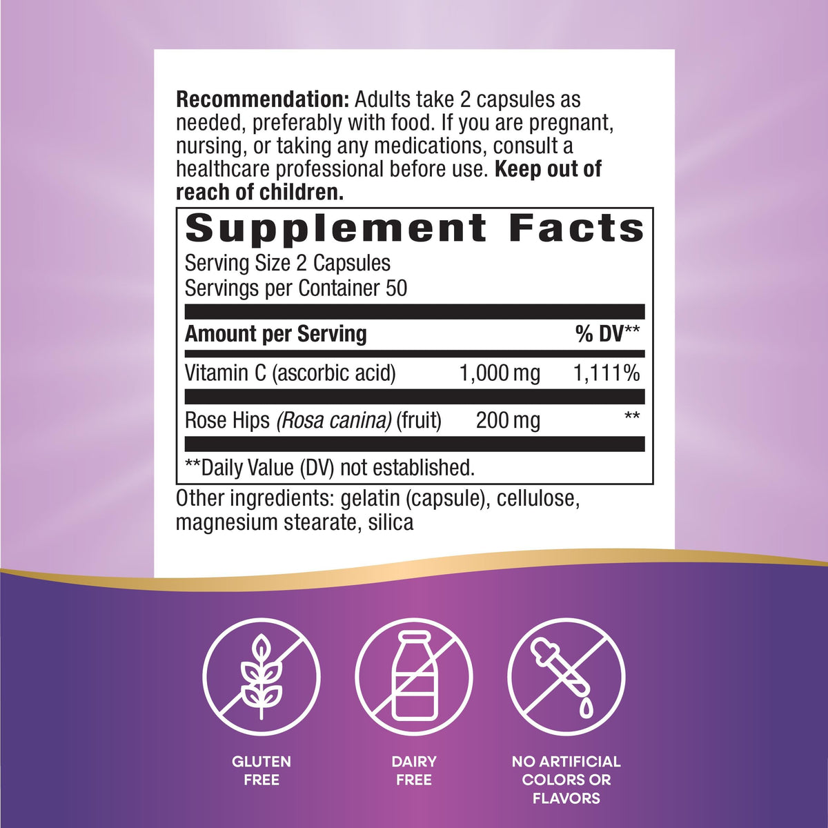 Nature's Way Vitamine C avec Églantier 1000mg 100 capsules étiquette