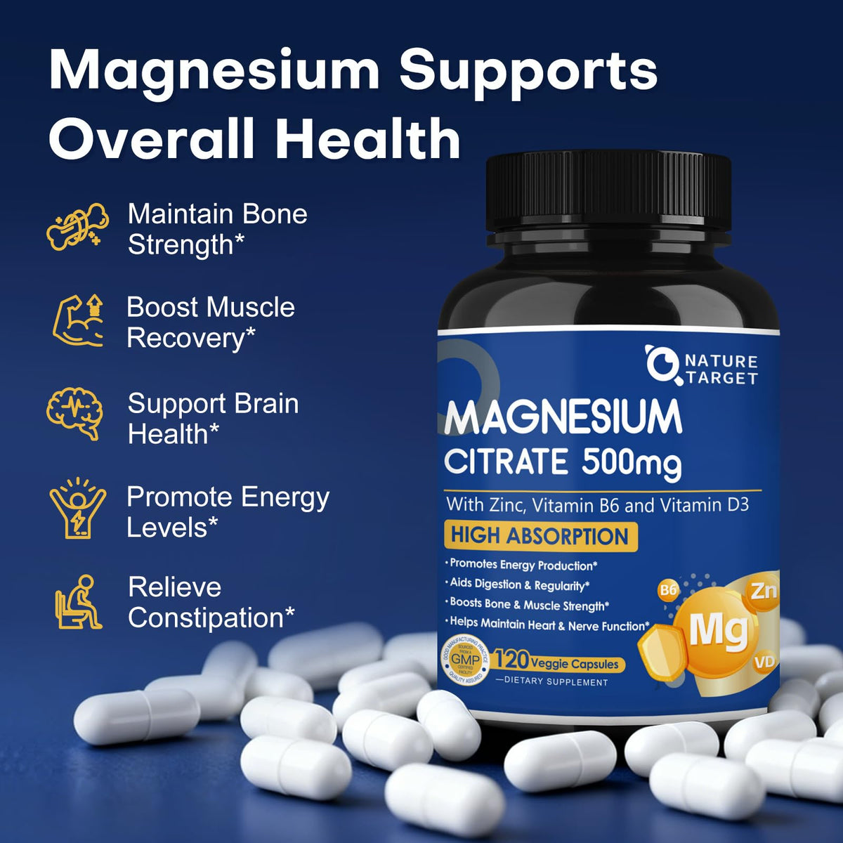 NATURE TARGET Citrate de Magnésium 500mg 120 VegCaps avec bouchon ouvert