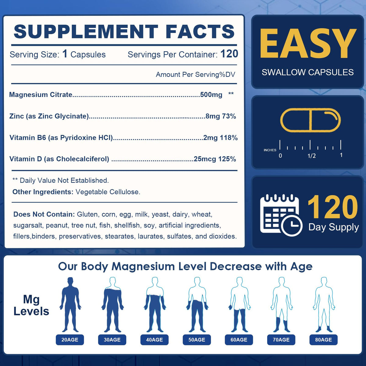 NATURE TARGET Citrate de Magnésium 500mg 120 VegCaps avec d'autres compléments