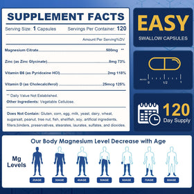 NATURE TARGET Citrate de Magnésium 500mg 120 VegCaps avec d'autres compléments
