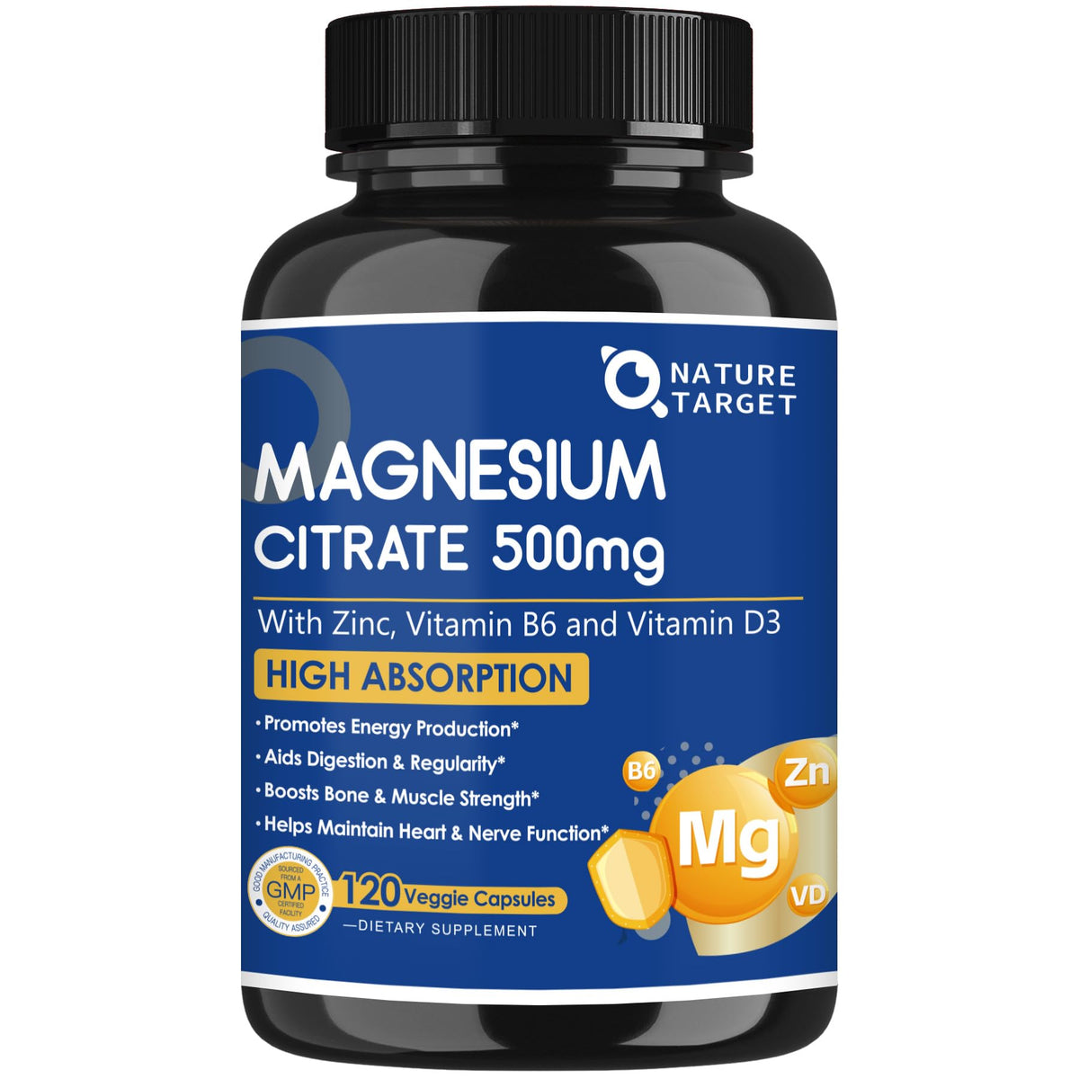 NATURE TARGET Citrate de Magnésium 500mg 120 VegCaps vue avant