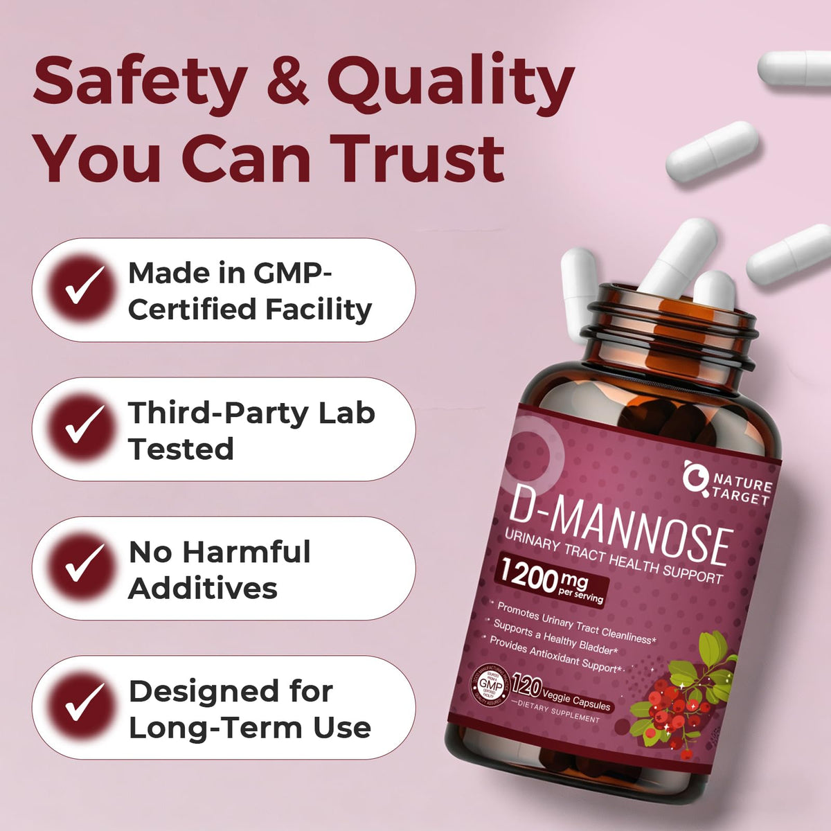 NATURE TARGET D-Mannose capsules on a kitchen counter